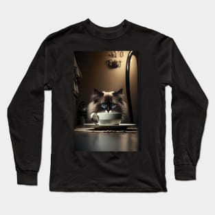 Caffeine Addiction Reaches New Heights with Tired Ragdoll Cat and Coffee Long Sleeve T-Shirt